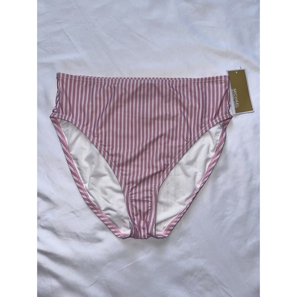 Michael Kors Women’s Pink & White Striped High-Waist Bikini Bottom Size Large